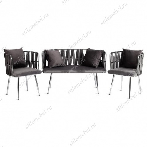 Комплект (софа + 2 кресла) CEZAR (mod. 2212) металл/вельвет, 116 x 56.5 x 77 см, grey (серый) BF-14/хром